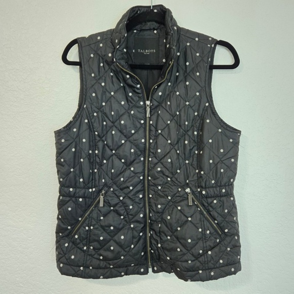 Talbots Black White Polka Dot Quilted Puffer Vest Zip Front MP Medium Petite